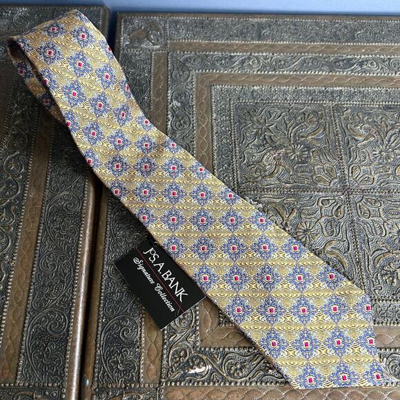 Jos A Bank tie metallic gold NWT diamond pattern silk luxury Signature - Picture 8 of 9